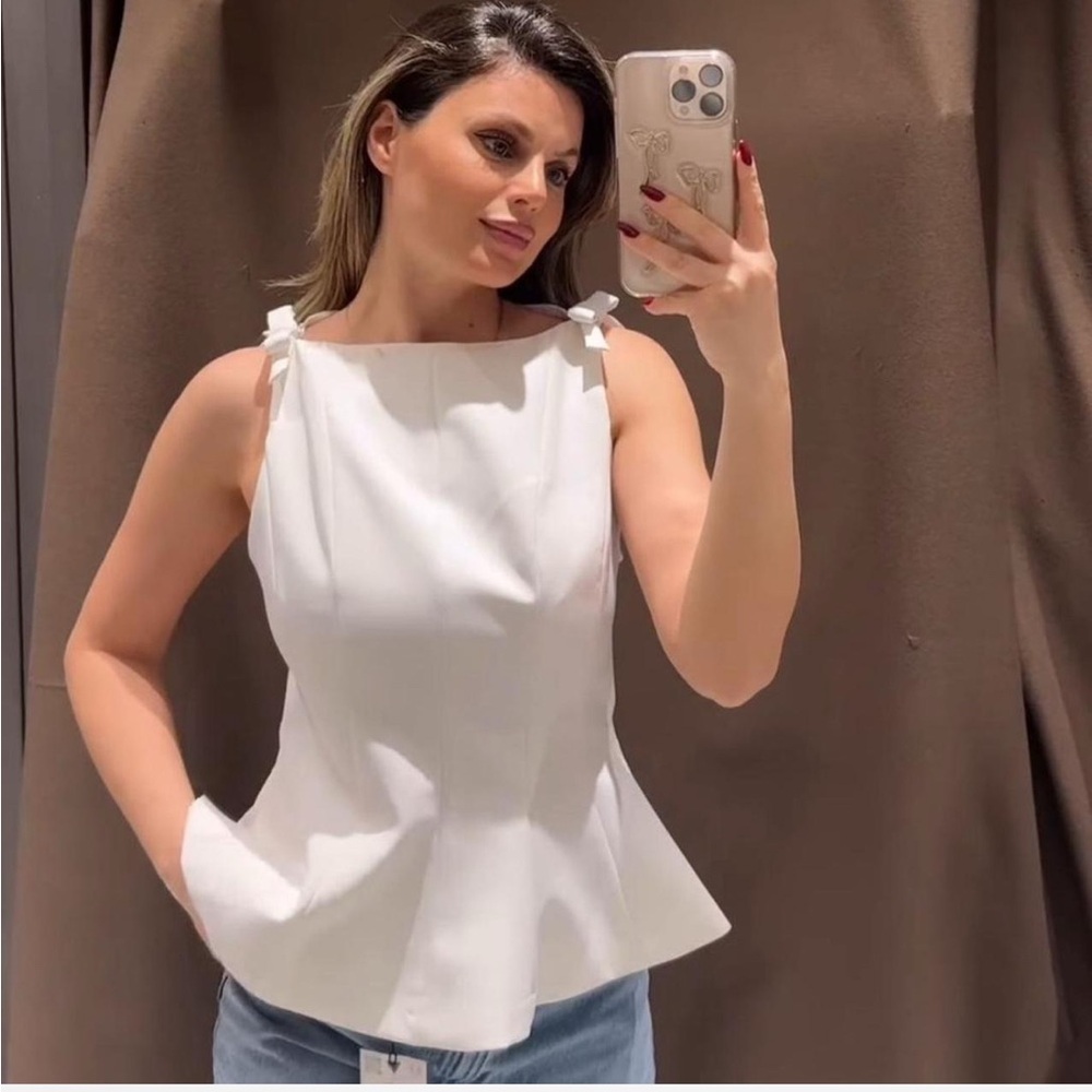 NWT-Zara White Bow-Shoulder Blouse